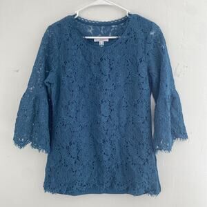 Isaac Mizrahi Top Womens S Blue Lace Tunic LS Fairy Bell 3/4 Sleeve Boho Floral